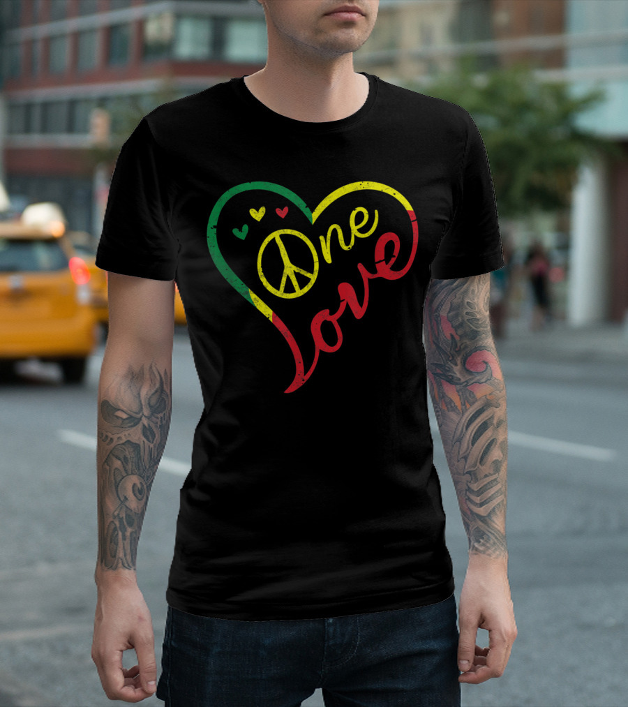 One Love Peace Heart Jamaica Reggae Caribbean Rasta T-Shirt