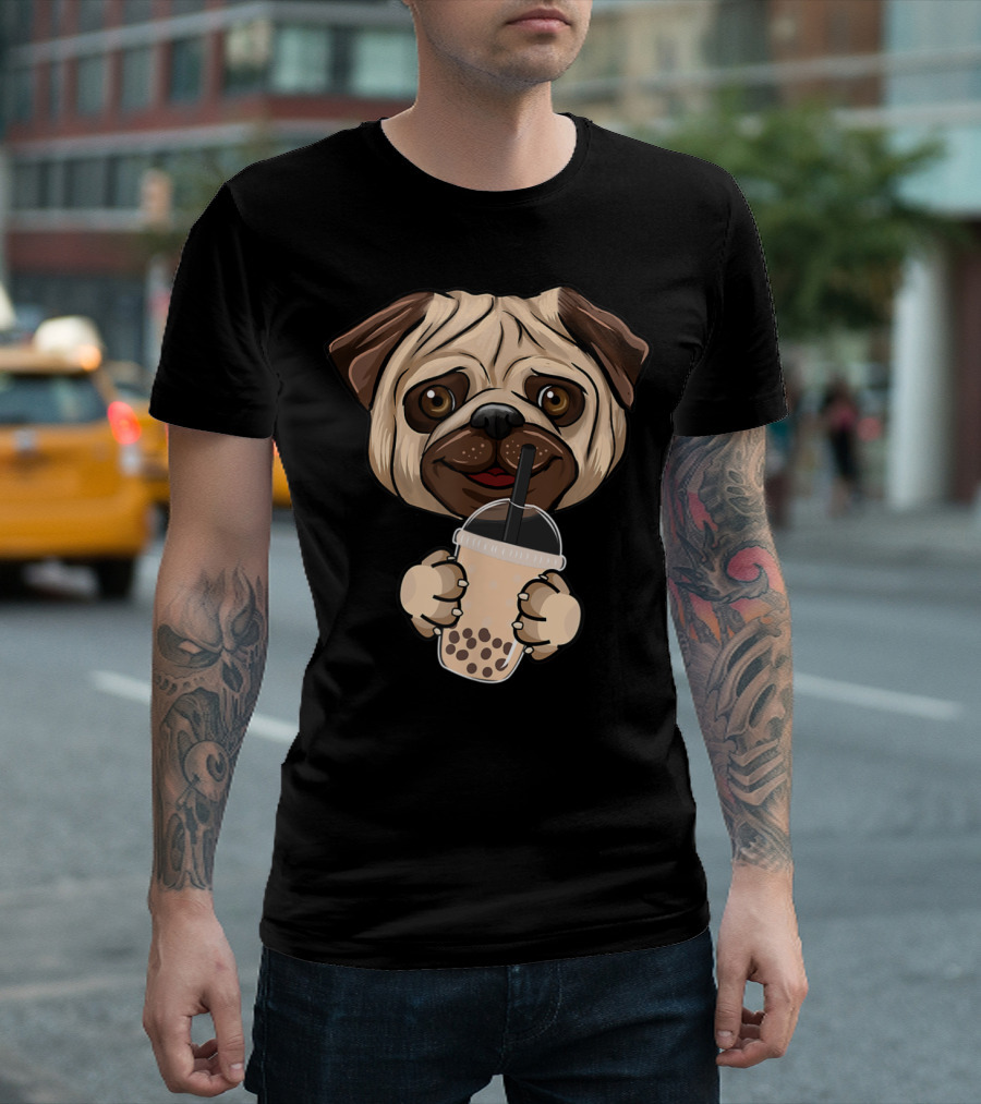 Cute Giant Pug Holding Milk Tea Lover Mania Unique T-Shirt