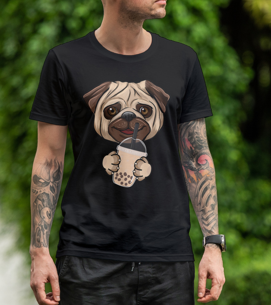 Cute Giant Pug Holding Milk Tea Lover Mania Unique T-Shirt