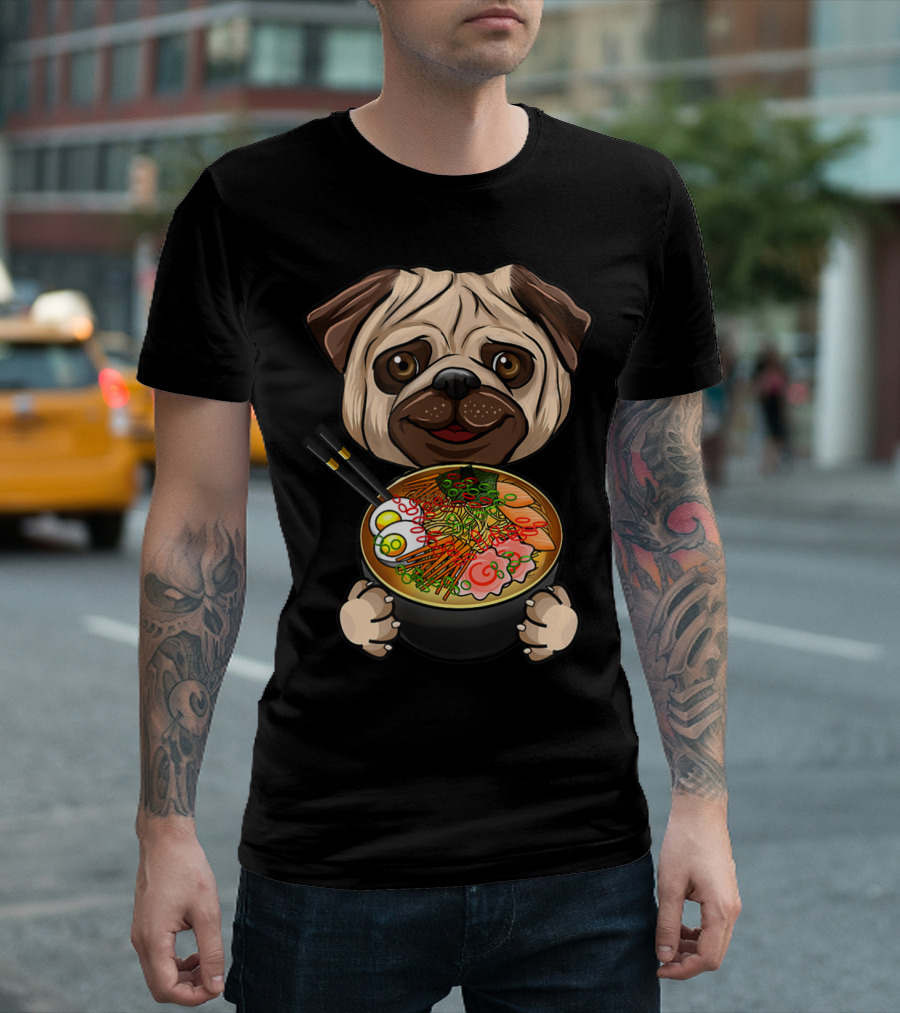 Ramen Lover Cute Giant Pugsmania Unique Pug Holding Bowl T-Shirt