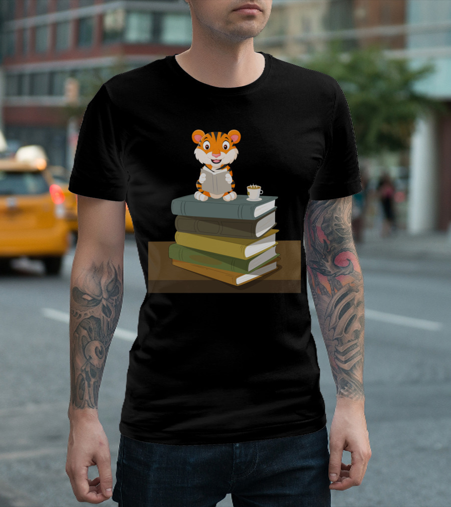 Tiger Reads Books With Coffee On Stack T-Shirt