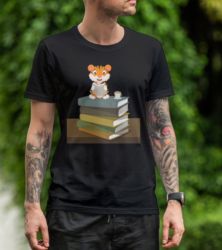 Tiger Reads Books With Coffee On Stack T-Shirt