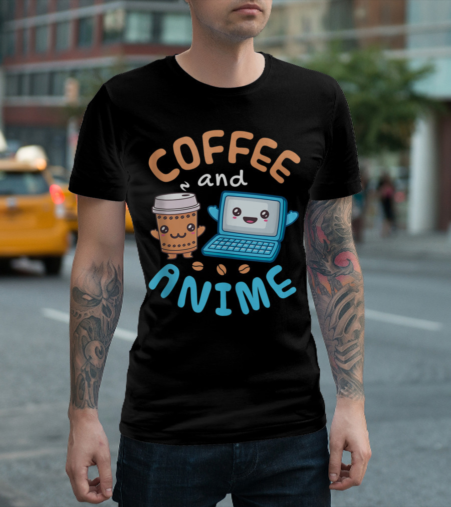 Coffee and Anime Kawaii Anime Cute Coffee Cup and Laptop T-Shirt