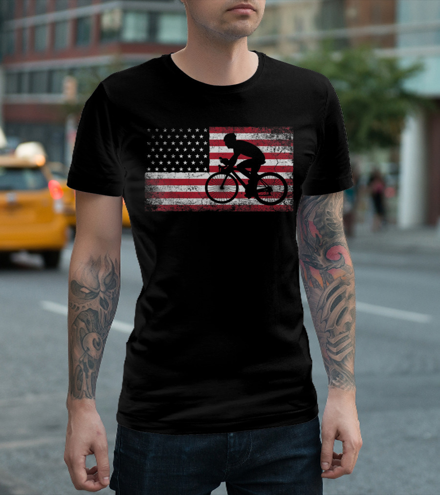Cyclist Silhouette On American Flag Background Bicycle Sports T-Shirt
