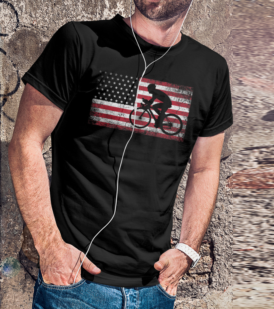 Cyclist Silhouette On American Flag Background Bicycle Sports T-Shirt
