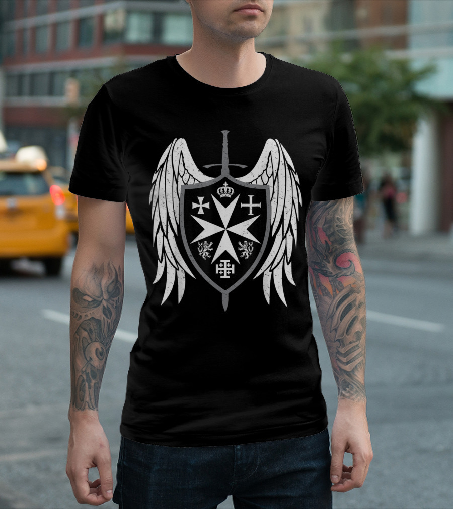 Medieval Knights Hospitaller Templar Winged Cross Shield T-Shirt