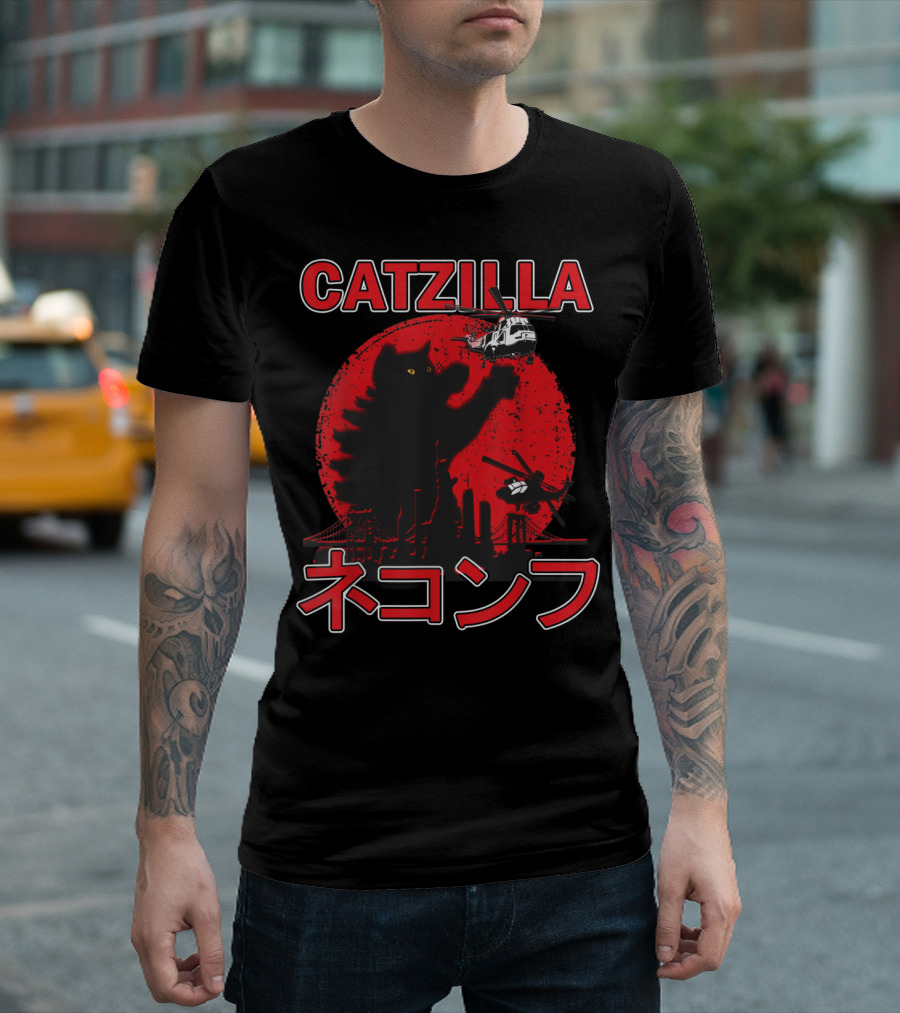 Catzilla Japanese Sunset Helicopters Red Skyline Black Cat T-Shirt
