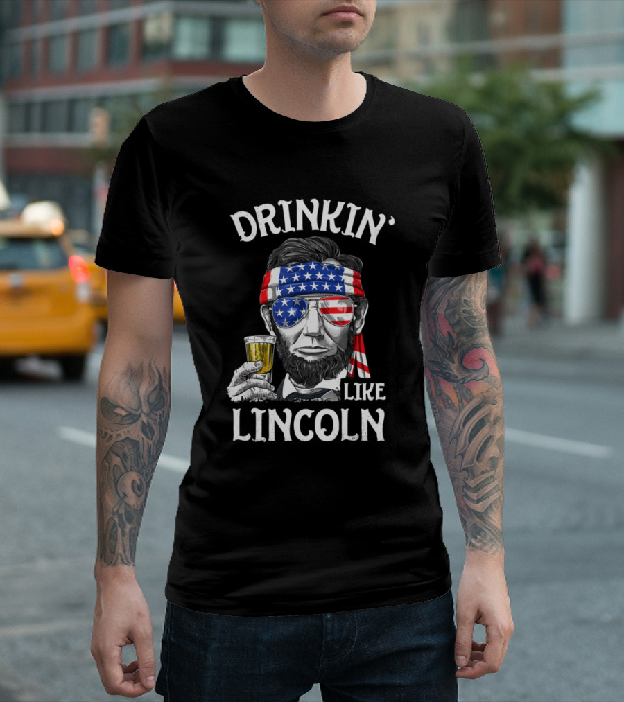 Drinking Like Lincoln 4th Of July USA Flag Bandana Beer T-Shirt
