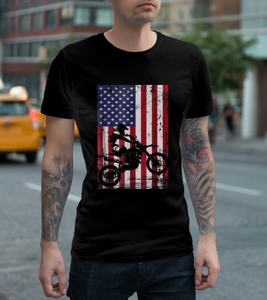 Dirt Bike American Flag 4th of July Motocross T-Shirt