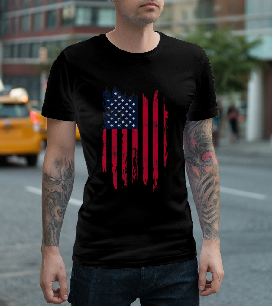 Mens US American Flag Star Vintage Patriotic Distressed Brushstroke T-Shirt