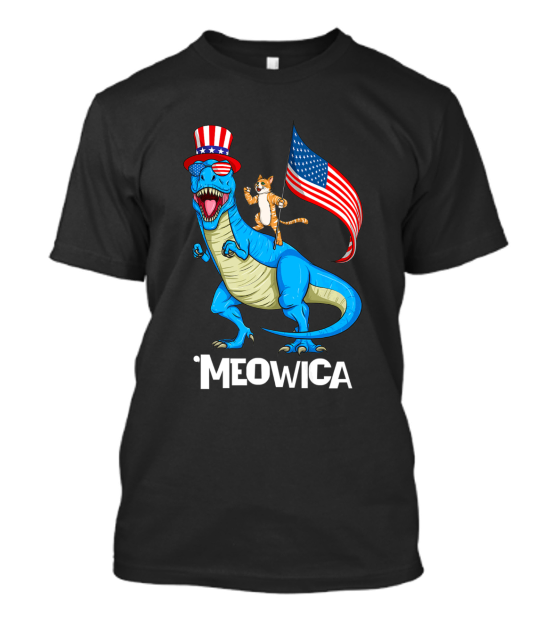 Meowica Patriotic Usa Cat Riding Trex Dinosaur With American Flag And Uncle Sam Hat T-Shirt