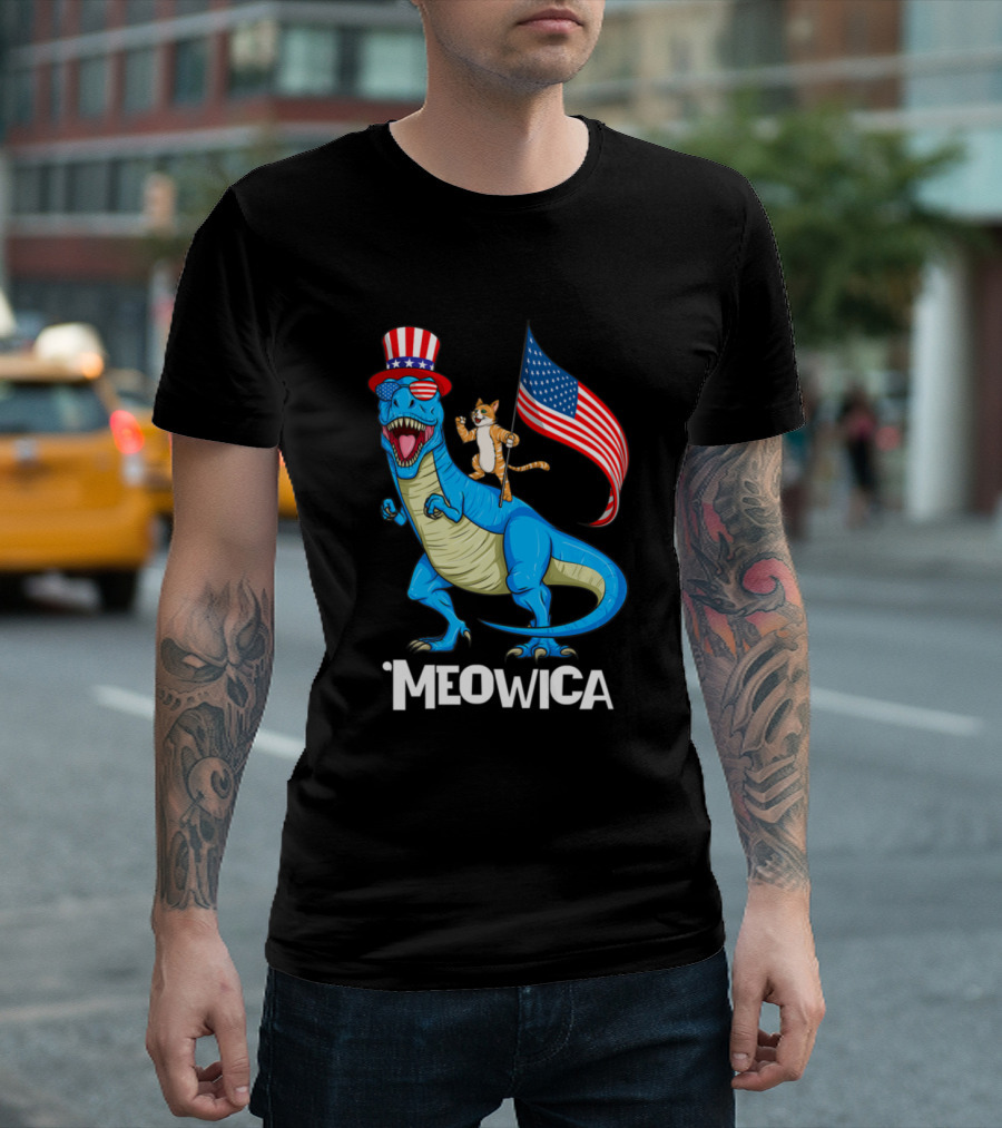 Meowica Patriotic Usa Cat Riding Trex Dinosaur With American Flag And Uncle Sam Hat T-Shirt