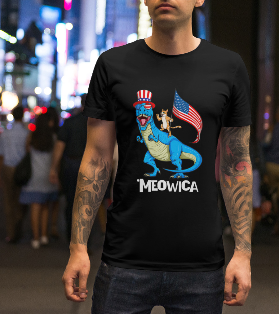 Meowica Patriotic Usa Cat Riding Trex Dinosaur With American Flag And Uncle Sam Hat T-Shirt