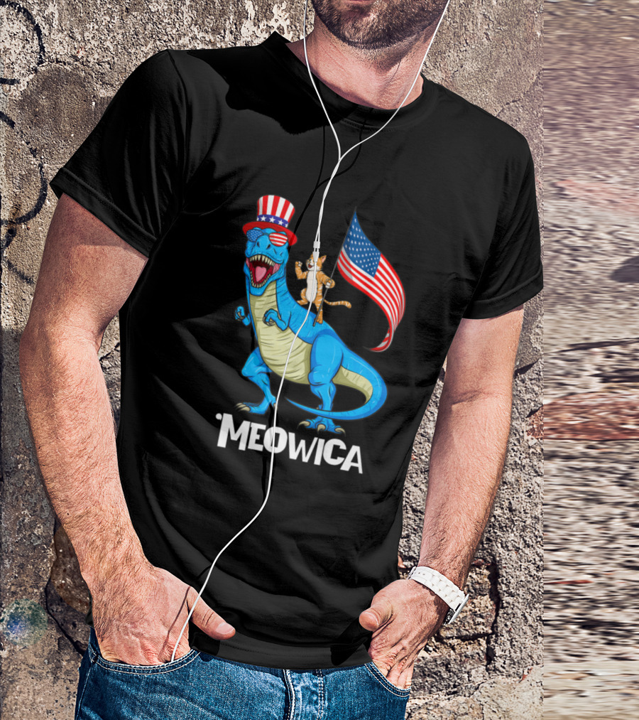 Meowica Patriotic Usa Cat Riding Trex Dinosaur With American Flag And Uncle Sam Hat T-Shirt