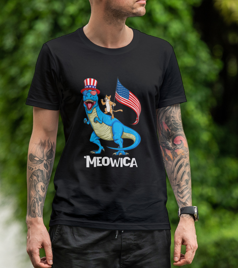 Meowica Patriotic Usa Cat Riding Trex Dinosaur With American Flag And Uncle Sam Hat T-Shirt