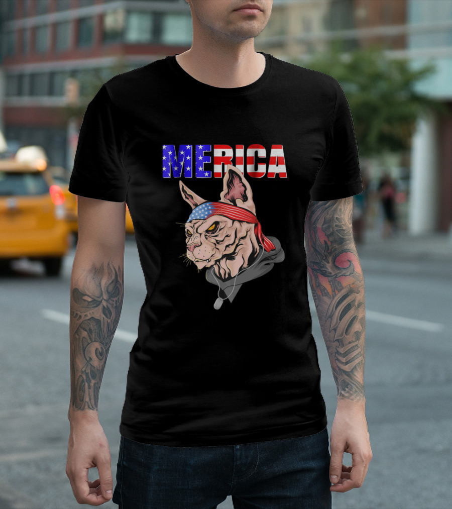 MERICA Cat Sphynx American Flag Bandana Dad Security T-Shirt