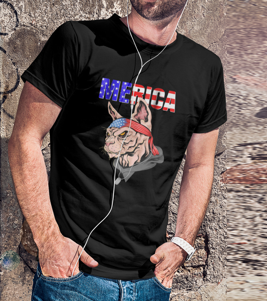 MERICA Cat Sphynx American Flag Bandana Dad Security T-Shirt