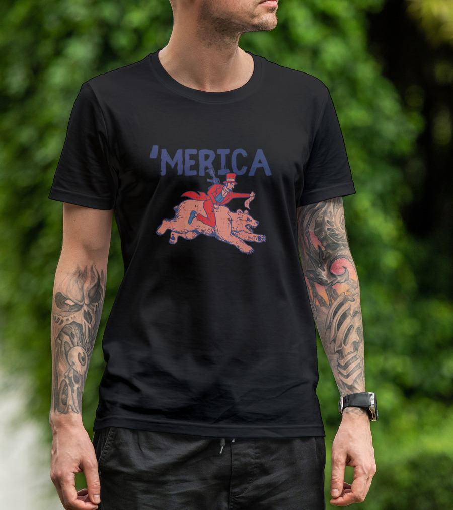 'Merica Funny US 4th Of July Uncle Sam Riding Bear T-Shirt