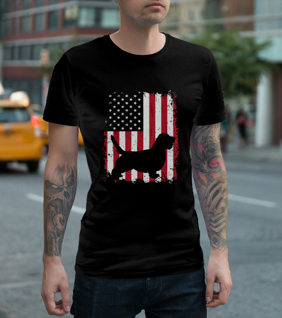 Petit Basset Griffon Vendeen Silhouette American Flag Fourth of July T-Shirt