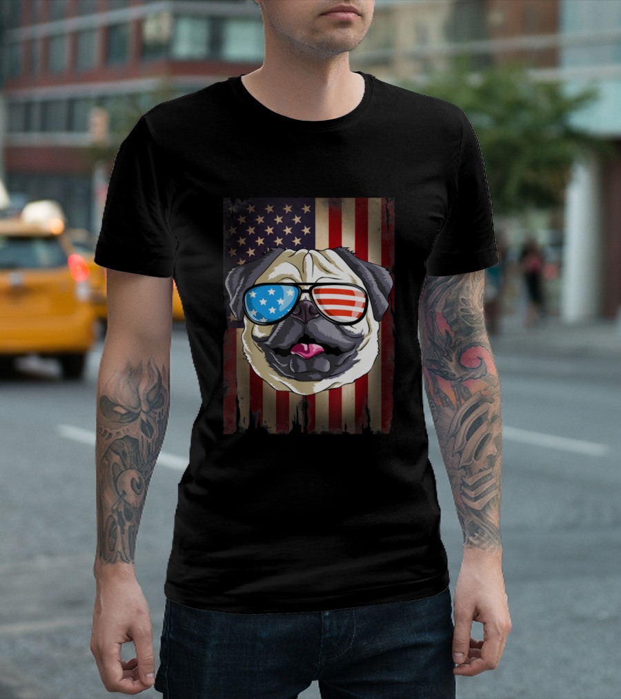 Pug With American Flag Sunglasses on 4th of July Flag T-Shirt