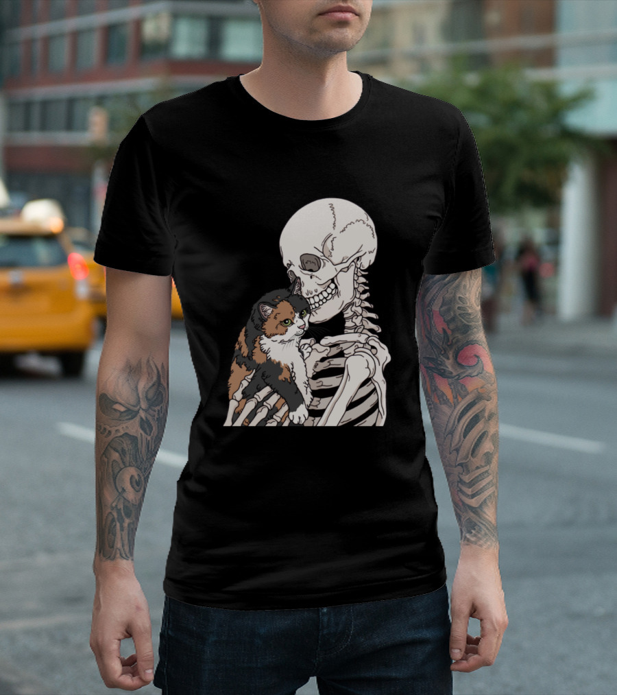 Calico Cat Friend Skeleton Hug T-Shirt