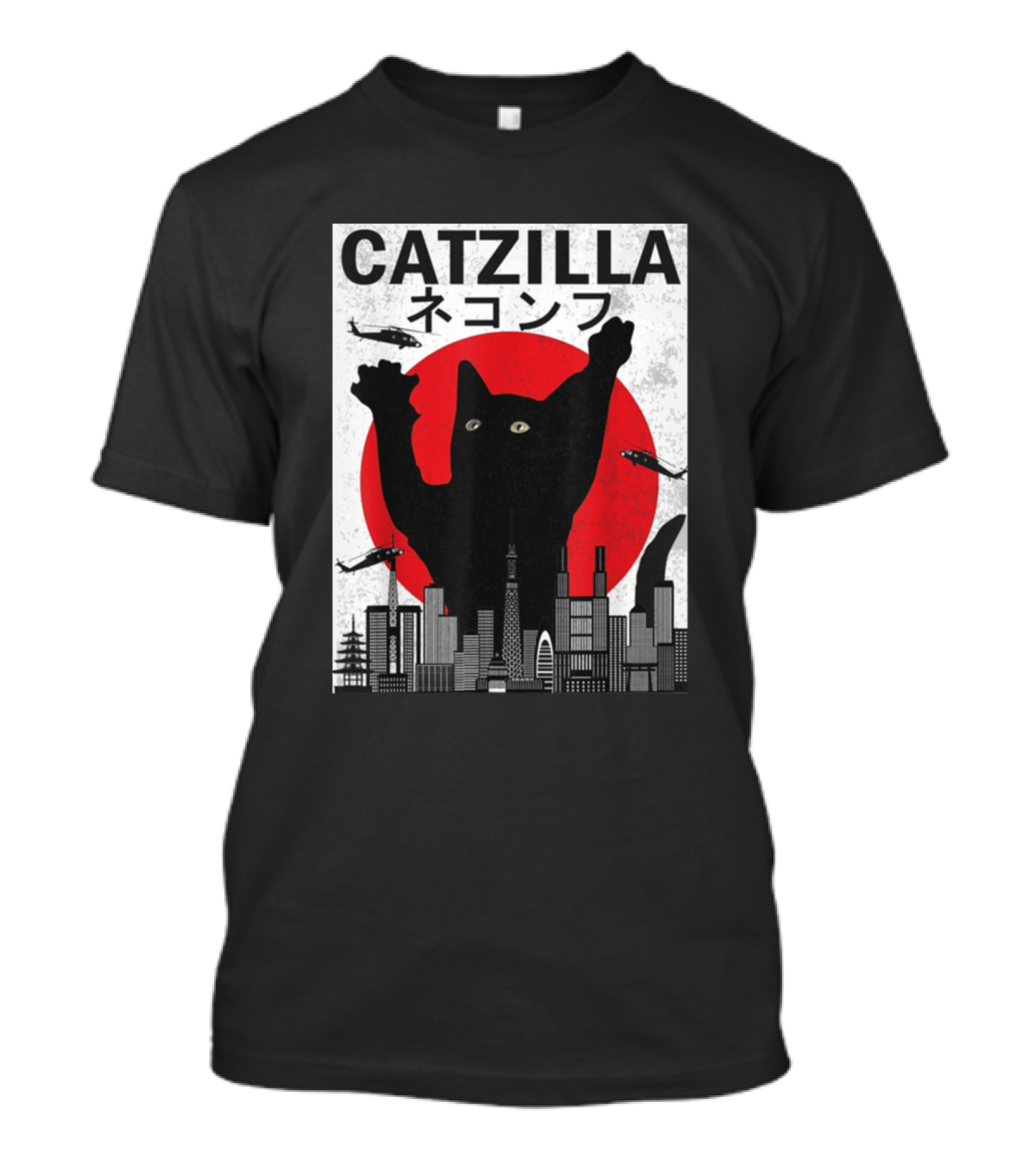 CATZILLA Cityscape Rampage With Helicopters And Red Sun T-Shirt