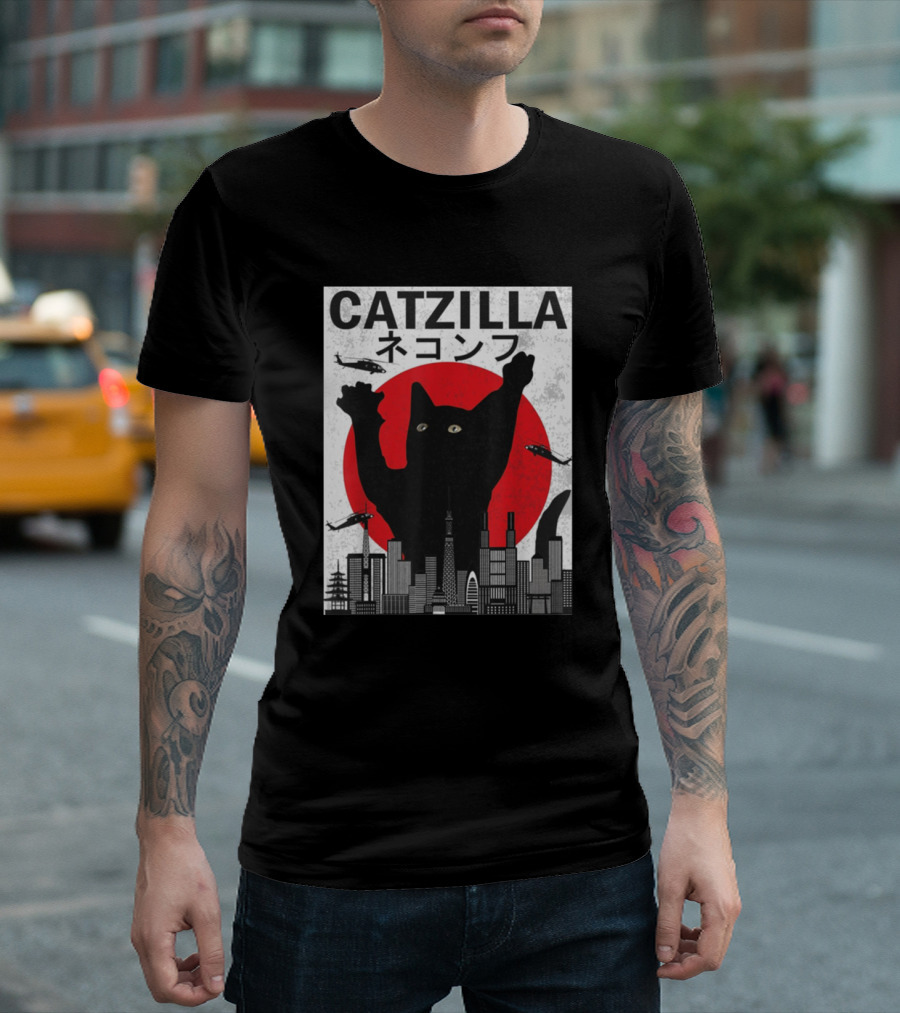 CATZILLA Cityscape Rampage With Helicopters And Red Sun T-Shirt