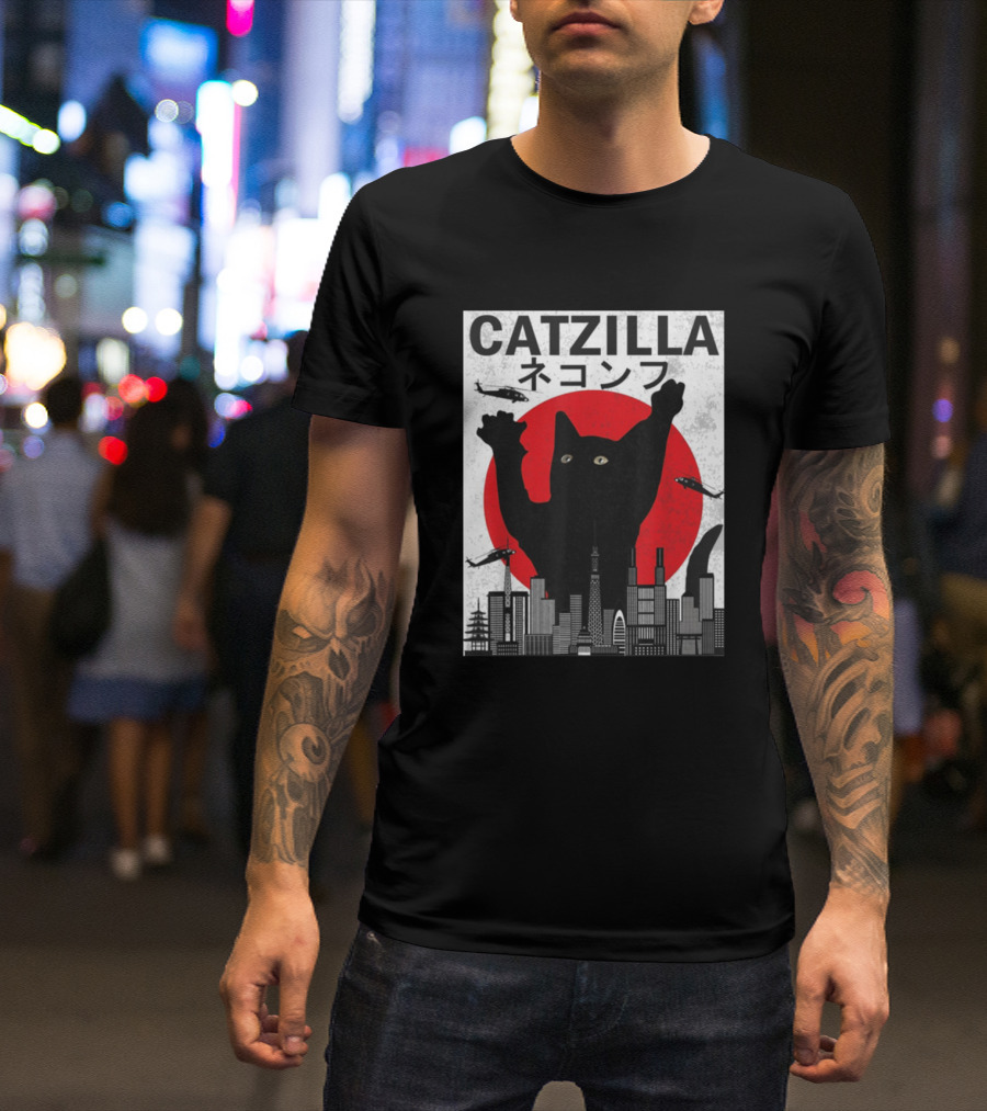 CATZILLA Cityscape Rampage With Helicopters And Red Sun T-Shirt