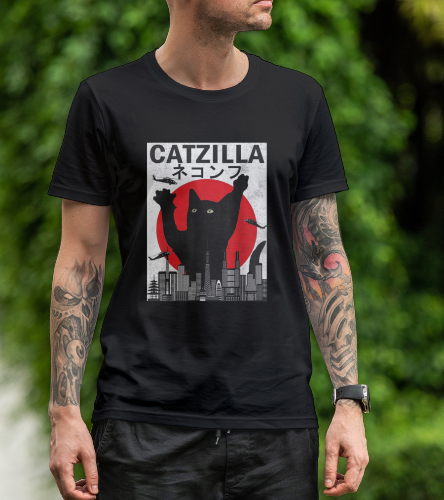 CATZILLA Cityscape Rampage With Helicopters And Red Sun T-Shirt