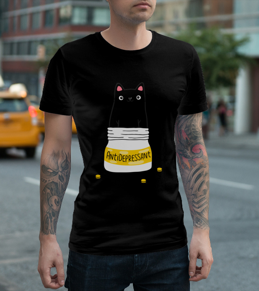 Black Cat in Antidepressant Jar with Yellow Pills T-Shirt