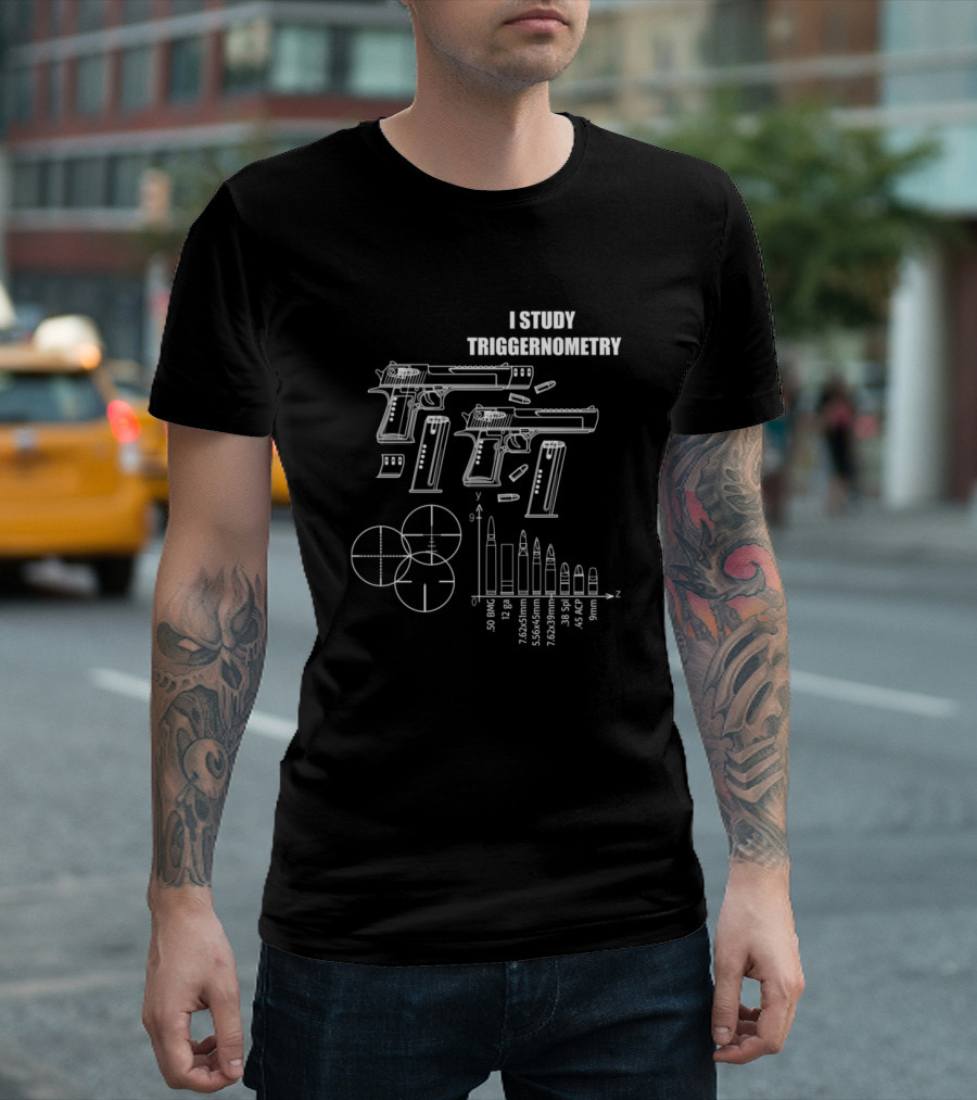 I Study Triggernometry Handgun Blueprint Ammunition Chart Bullet Sizes T-Shirt