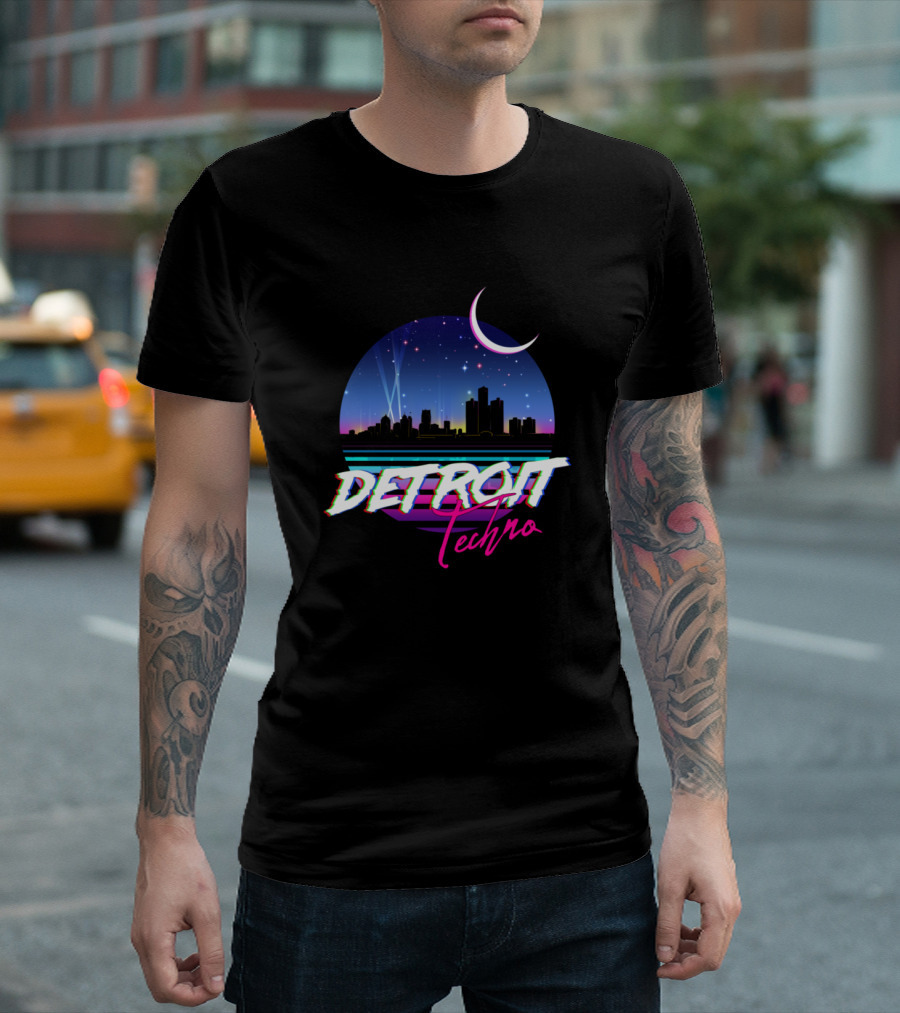 Detroit Techno Retro 80S Cityscape Neon Moon Skyline T-Shirt