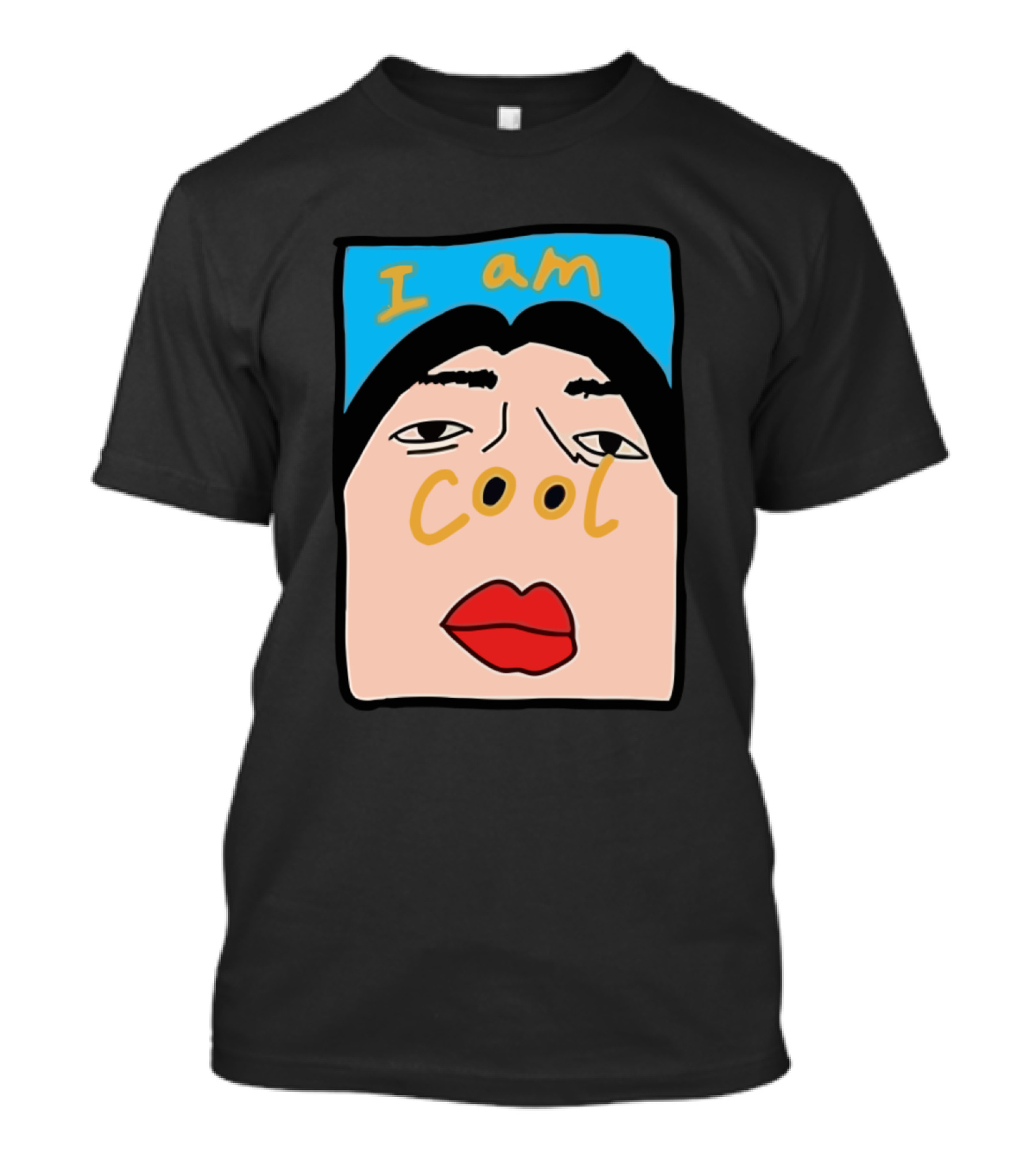 I Am Cool Abstract Face Red Lips Black Hair Blue Background T-Shirt
