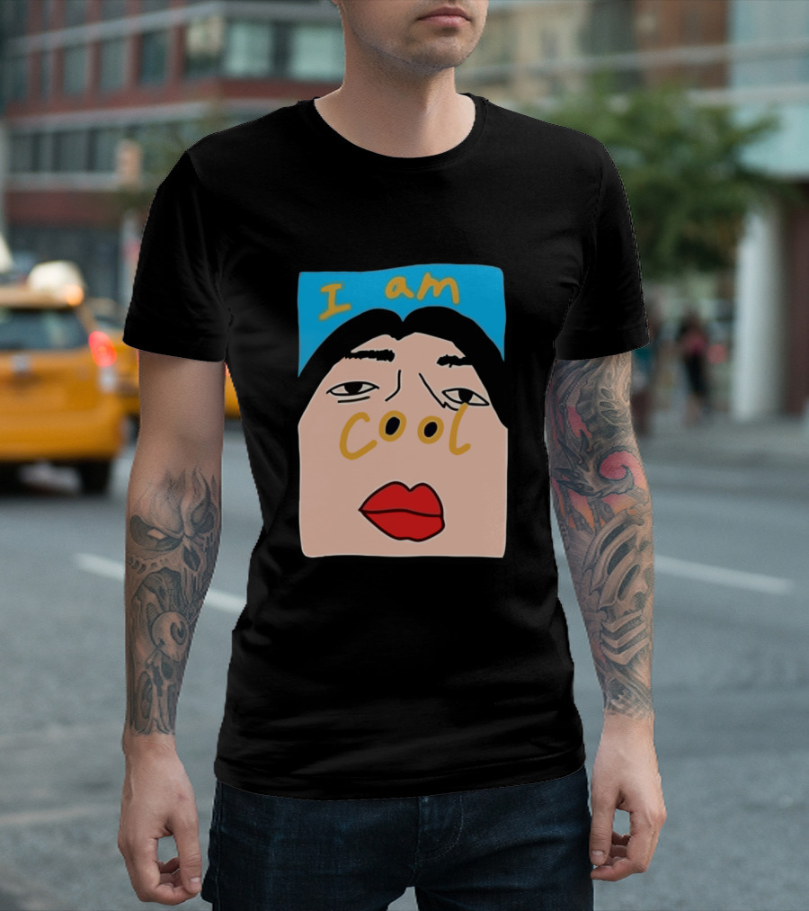 I Am Cool Abstract Face Red Lips Black Hair Blue Background T-Shirt