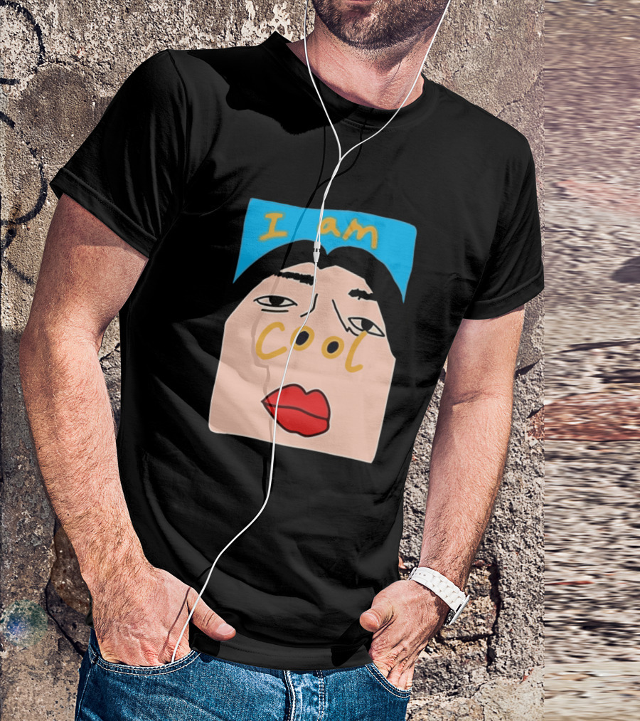 I Am Cool Abstract Face Red Lips Black Hair Blue Background T-Shirt