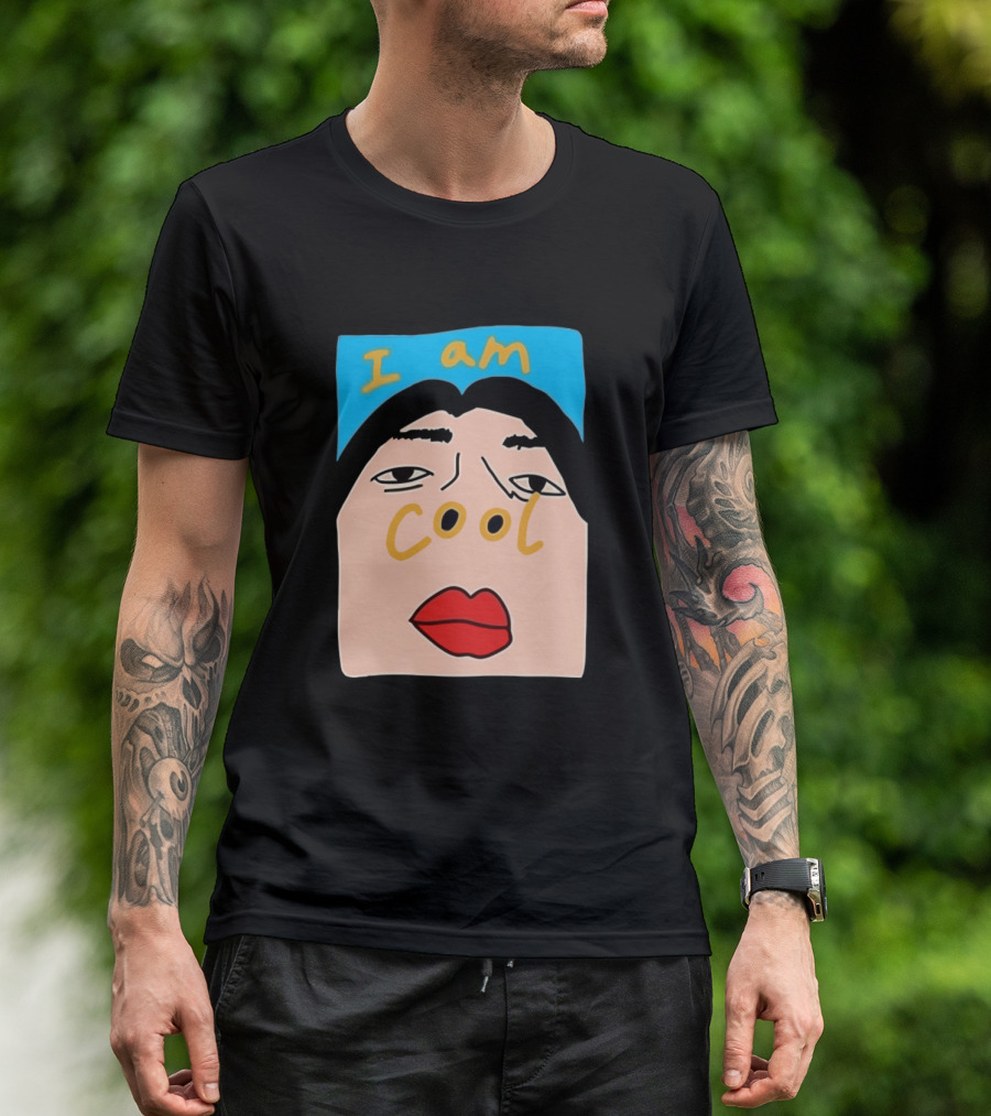 I Am Cool Abstract Face Red Lips Black Hair Blue Background T-Shirt