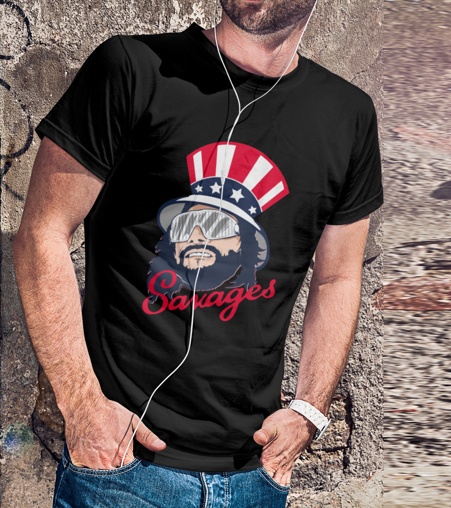 Savage Macho Man In Patriotic Hat With Star Stripes T-Shirt