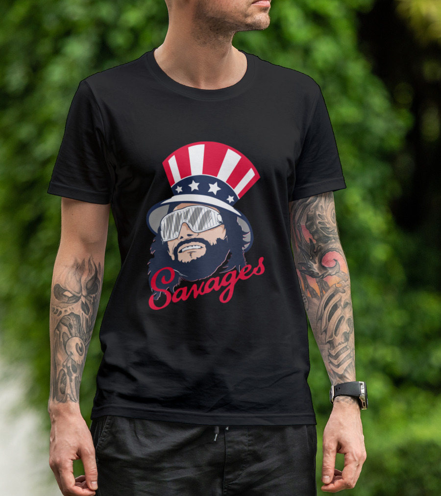 Savage Macho Man In Patriotic Hat With Star Stripes T-Shirt