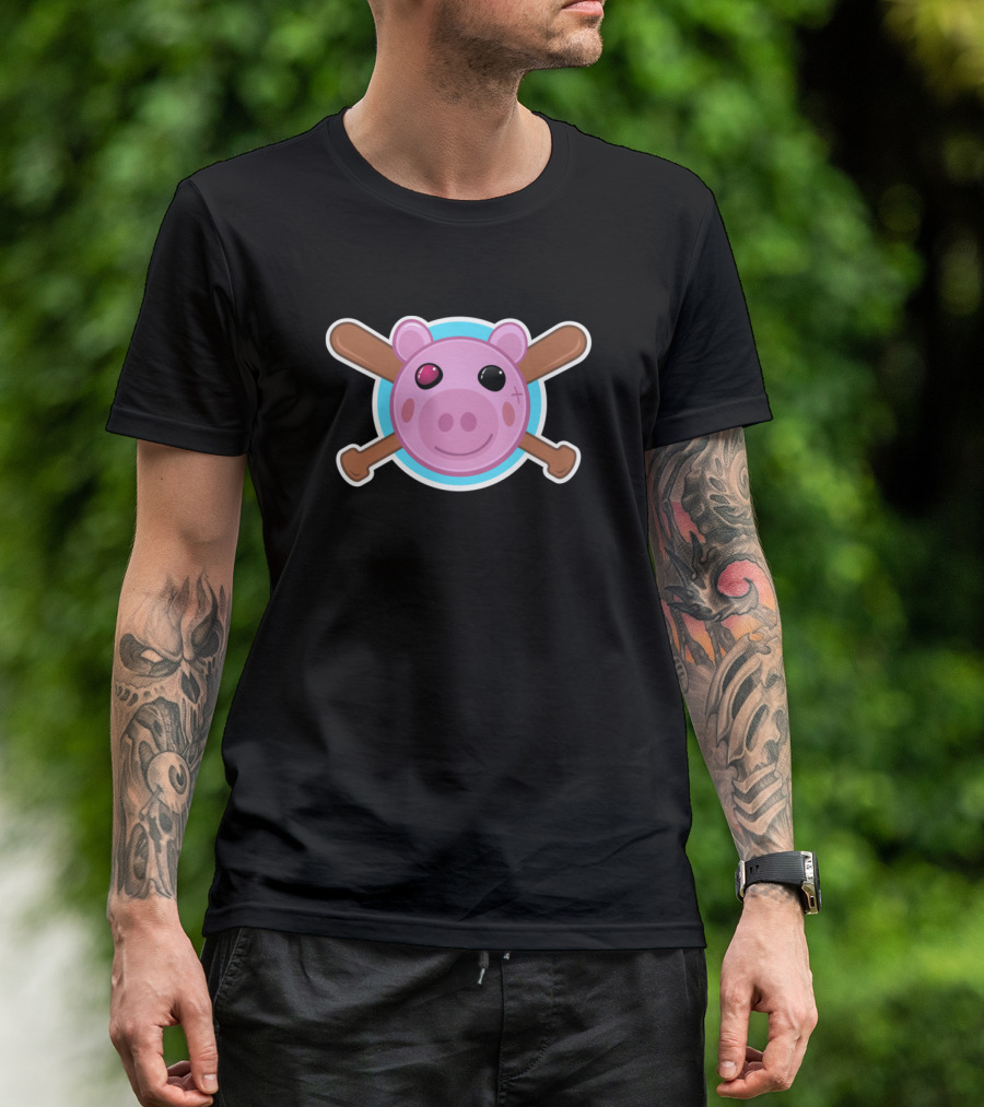 Piggy Pig Video Game Character Crossed Bats T-Shirt