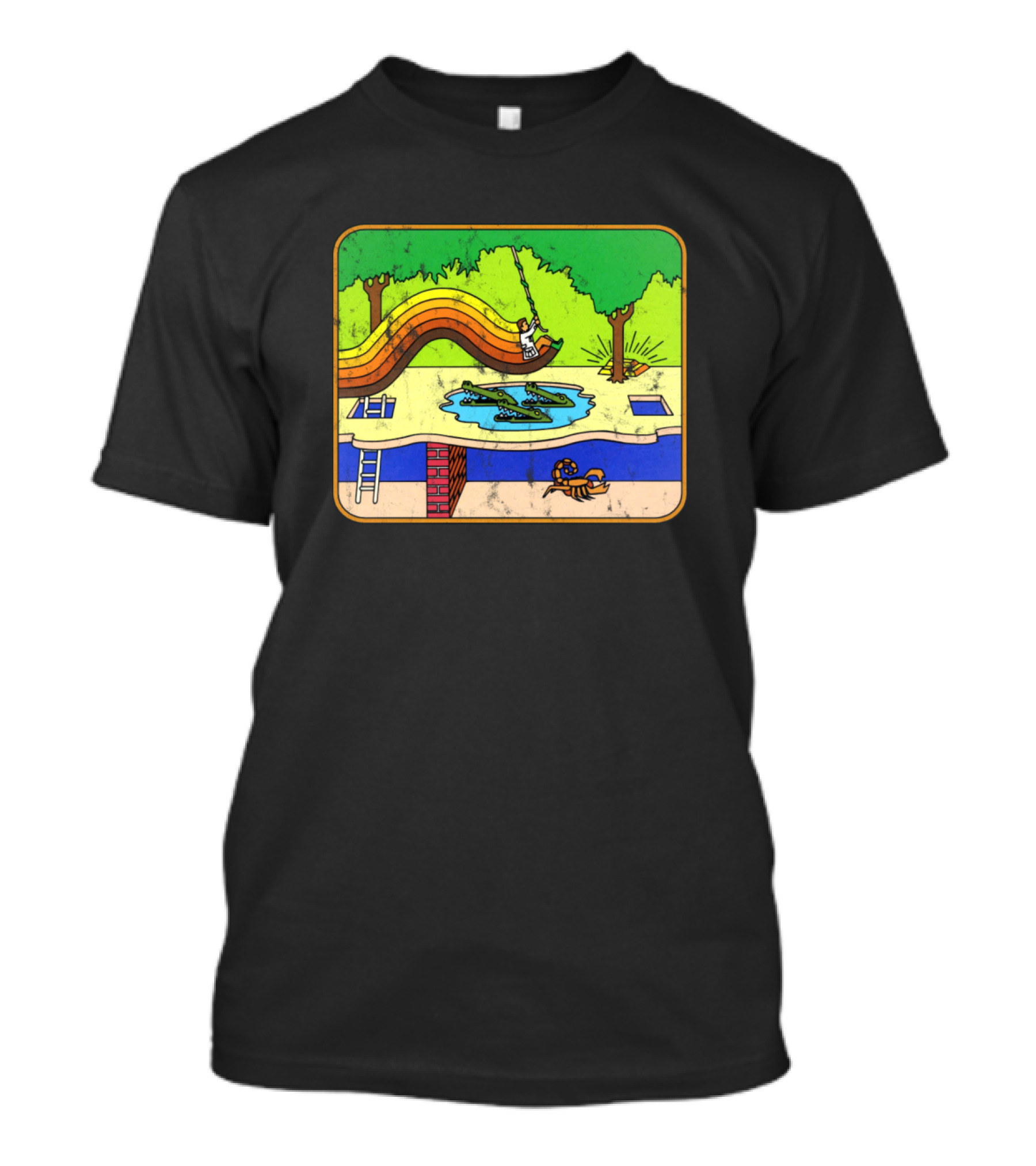 Pixel Adventurer Retro Poolside Slide With Crocodile Encounter T-Shirt
