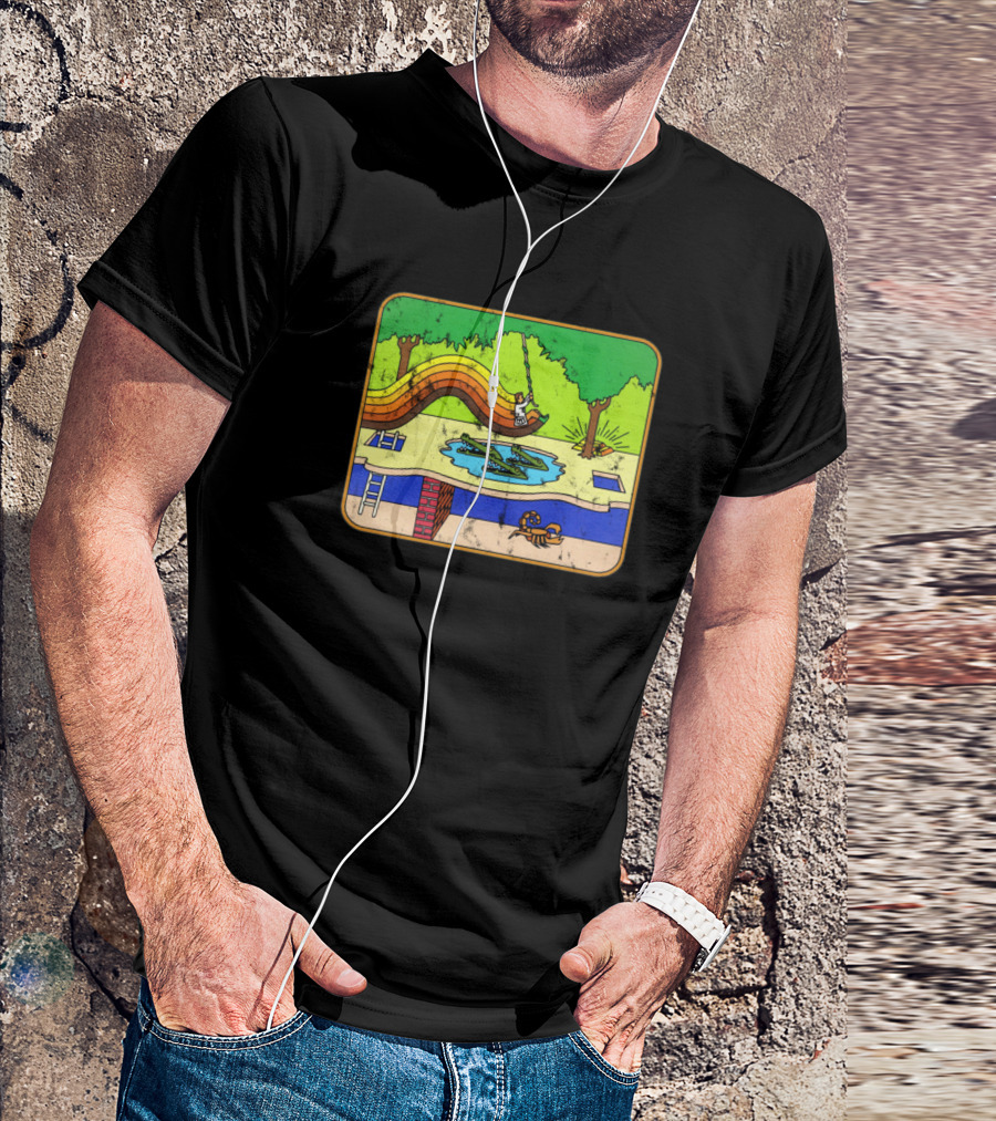 Pixel Adventurer Retro Poolside Slide With Crocodile Encounter T-Shirt