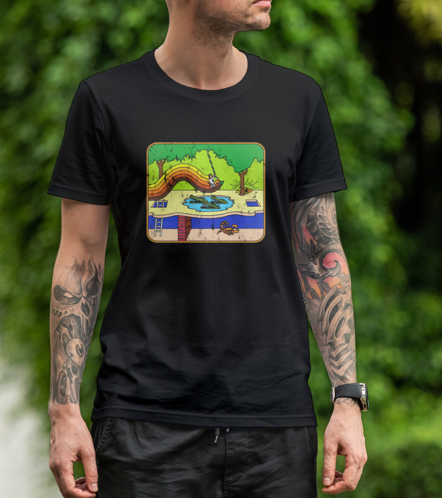 Pixel Adventurer Retro Poolside Slide With Crocodile Encounter T-Shirt