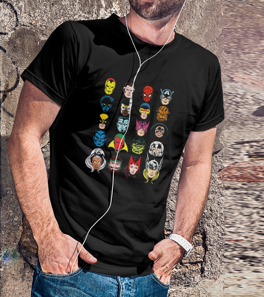 Xmen Fantastic Four Spider-Man Captain America Comic Superhero Heads T-Shirt