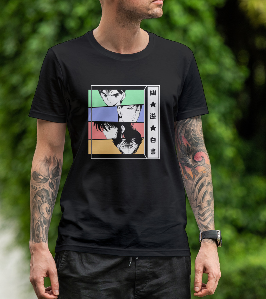 Yu Yu Hakusho Yusuke Kuwabara Kurama Hiei Anime Characters Retro Rainbow Panels T-Shirt