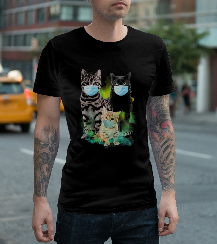 Cats Wearing Masks Bright Neon Background T-Shirt