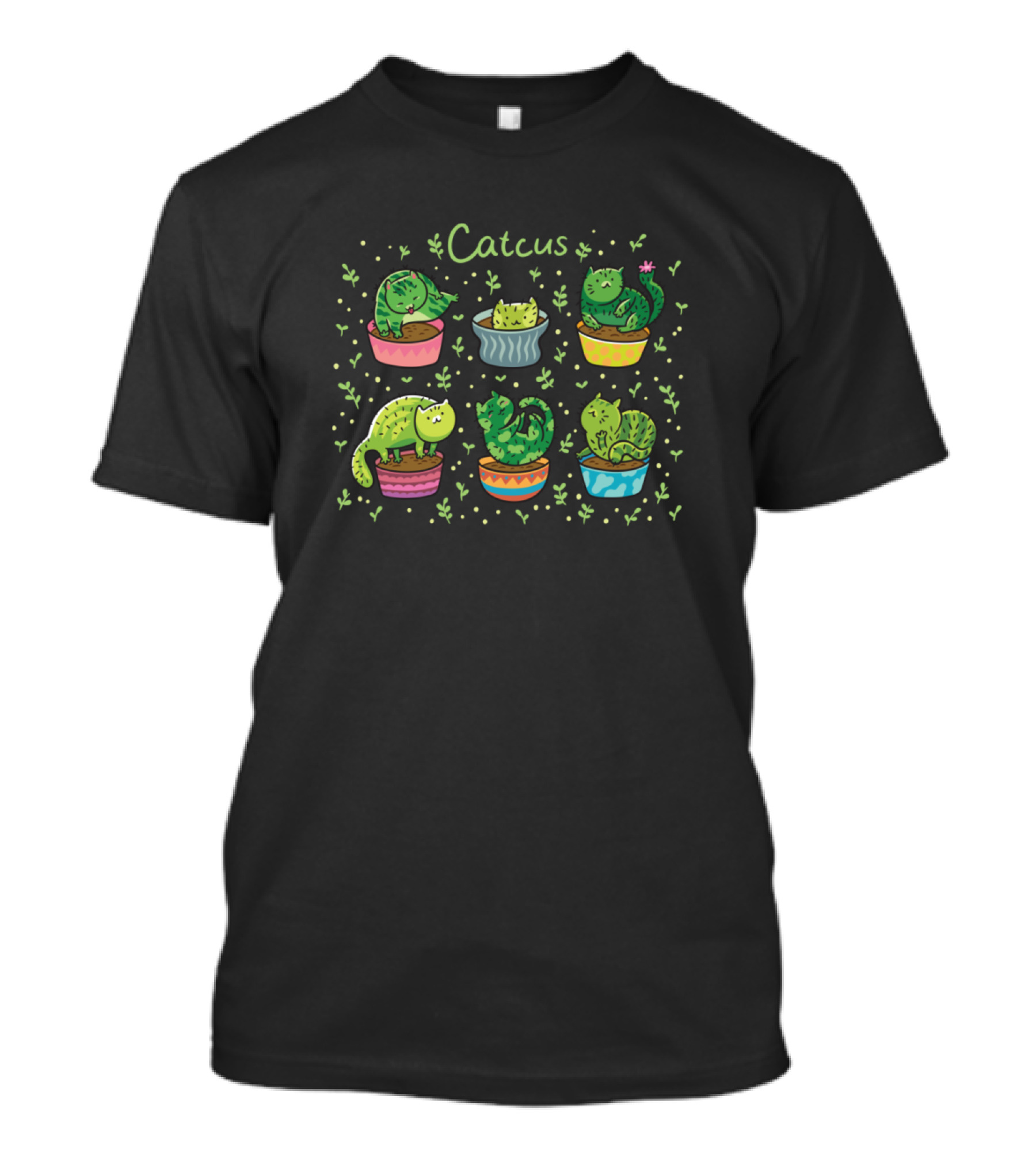 Catcus Green Cats As Cacti In Colorful Pots T-Shirt