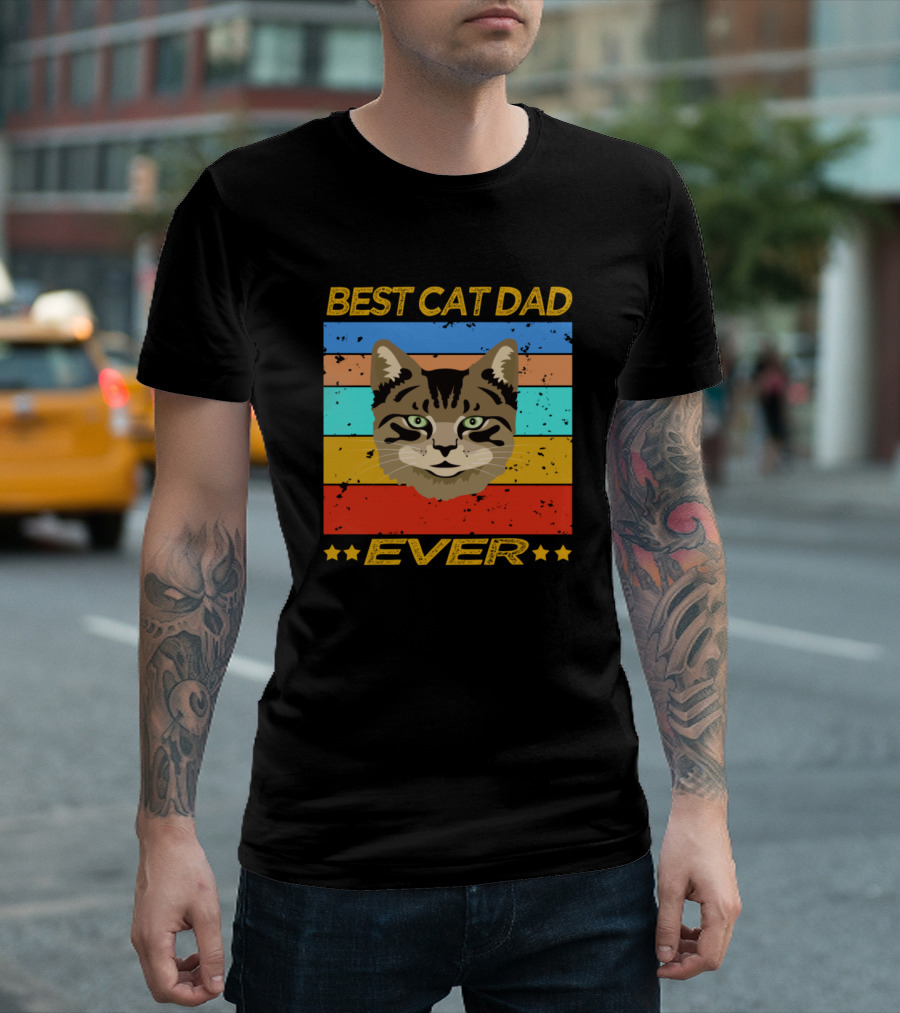 Best Cat Dad Ever Retro Stripes Cat Face T-Shirt