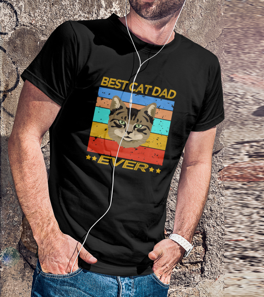 Best Cat Dad Ever Retro Stripes Cat Face T-Shirt
