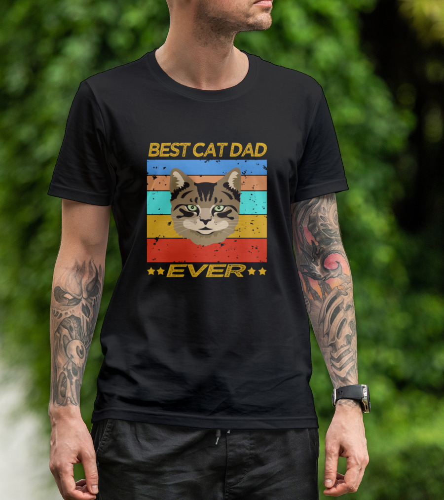 Best Cat Dad Ever Retro Stripes Cat Face T-Shirt