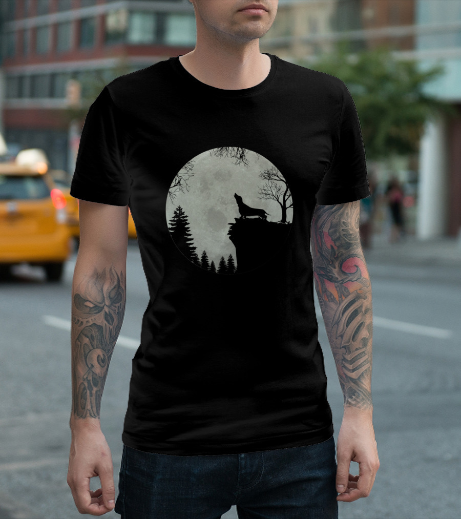Dachshund Moon Silhouette Wiener Dog Cliff Sausage Pet T-Shirt